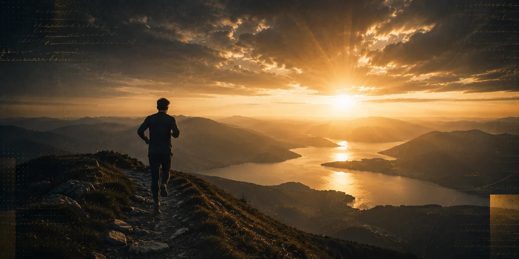 Laufender Mann auf einem Bergpfad im Sonnenlicht