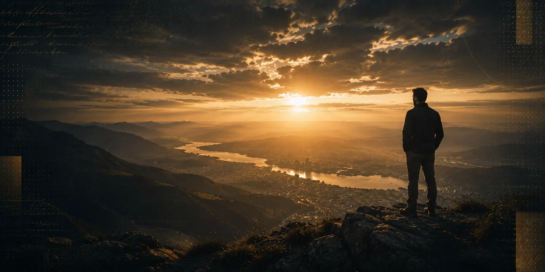 Mann auf einem Berg mit Blick über Landschaft und Stadt