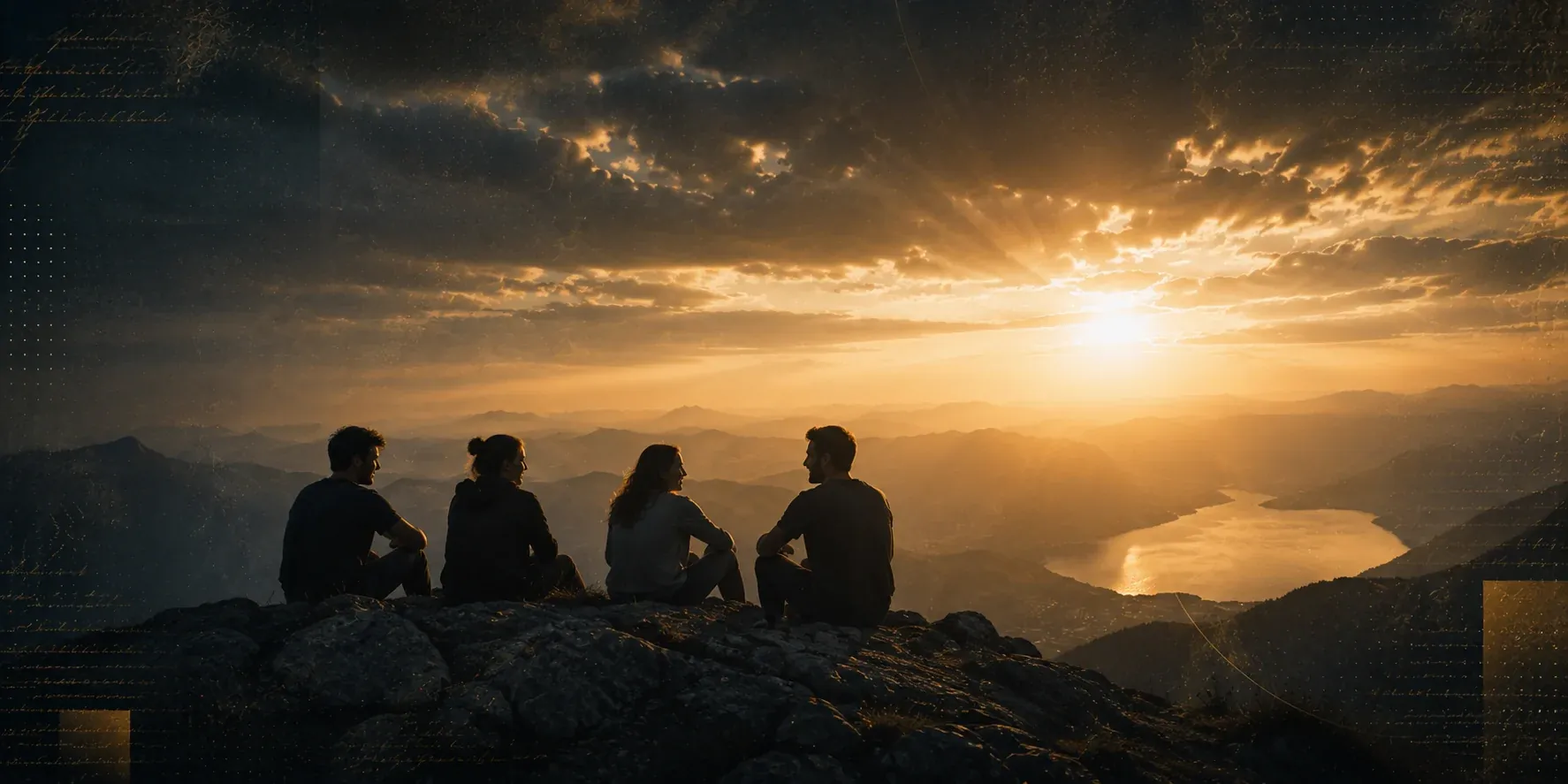 Gruppe von Menschen im Gespräch auf einem Berg
