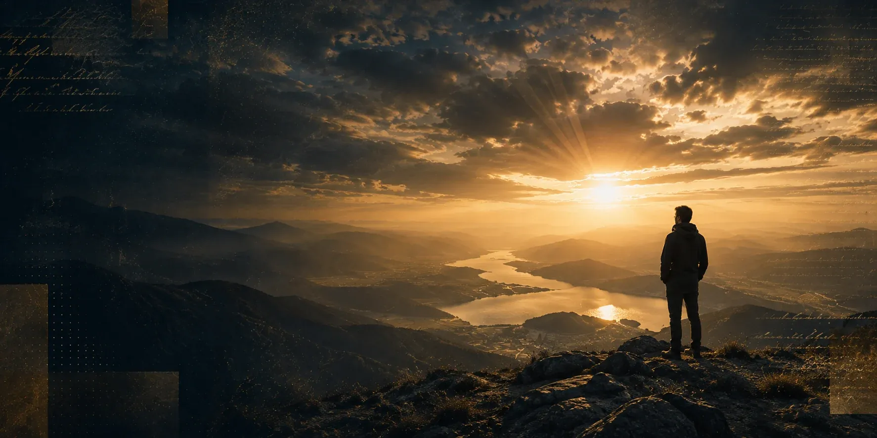 Mann auf einem Berggipfel im Abendlicht