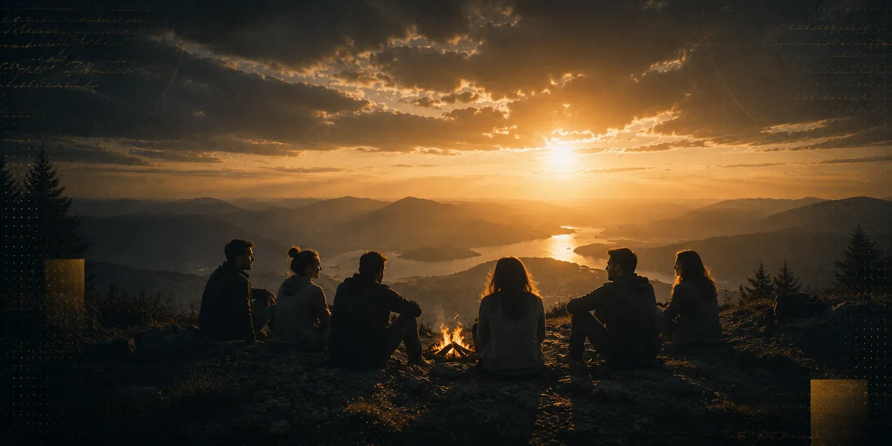 Gemeinschaft am Feuer auf einem Berg im Abendlicht