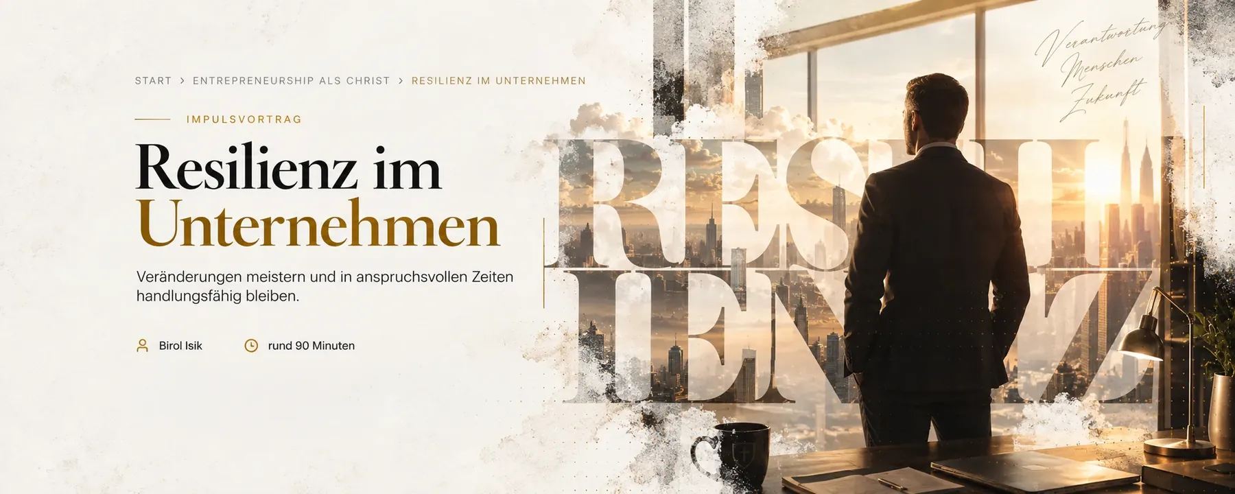 Resilienz im Unternehmen – Unternehmer am Fenster mit Blick über die Stadt